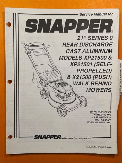 Snapper 21 Series 0 Walk Behind Mowers Models Xp21501 X21500 Parts Manual Ebay