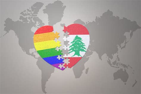 Puzzle Heart With The Rainbow Gay Flag And Lebanon On A World Map Background Concept Stock