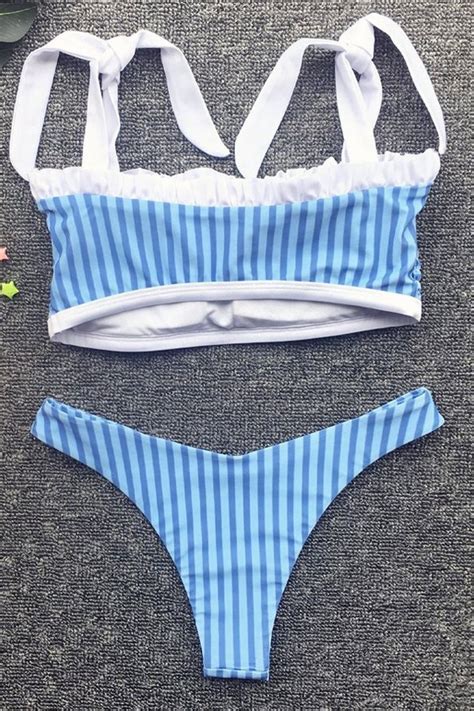 Blue Striped Tie Up Smocked Bikini Set Swimwear Zolucky Swimwear