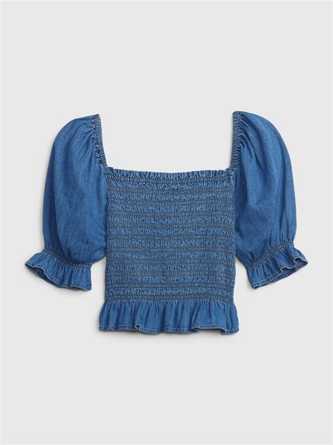 Puff Sleeve Denim Smocked Peplum Top Gap