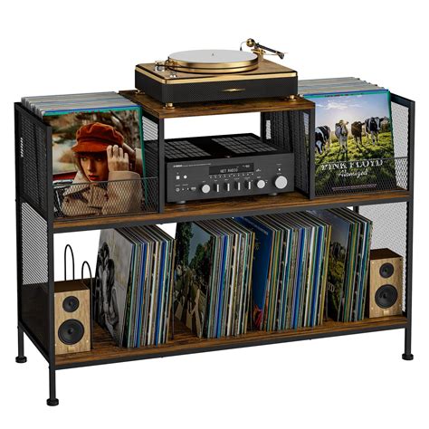 Large Vintage Record Player Table with 4 Adjustable Dividers, Vinyl