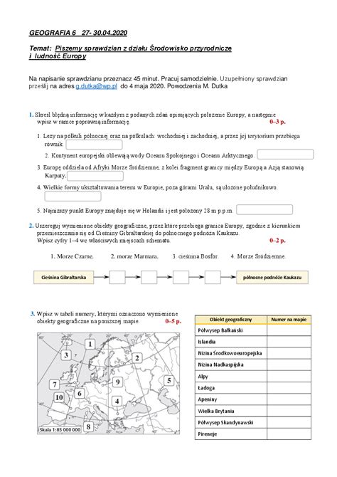 Sprawdzian Z Geografii Klasa 6 Dział 1 Współrzędne Geograficzne