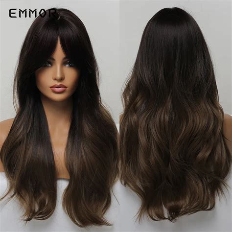 Emmor Synthetic Long Wavy Natural Ombre Brown To Dark Blonde With Bangs Wigs For Women High