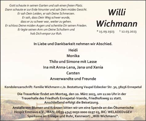 Traueranzeigen Von Willi Wichmann Trauer In NRW De