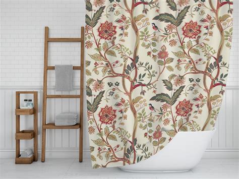 Vintage Tree Of Life Shower Curtain Jacobean Florals Cream Red