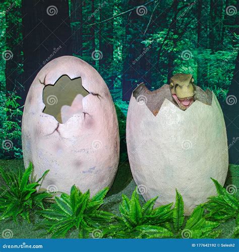 Dinosaur Eggs With New Born Reptiles Prehistoric Scene Photo Museum Display Editorial Image