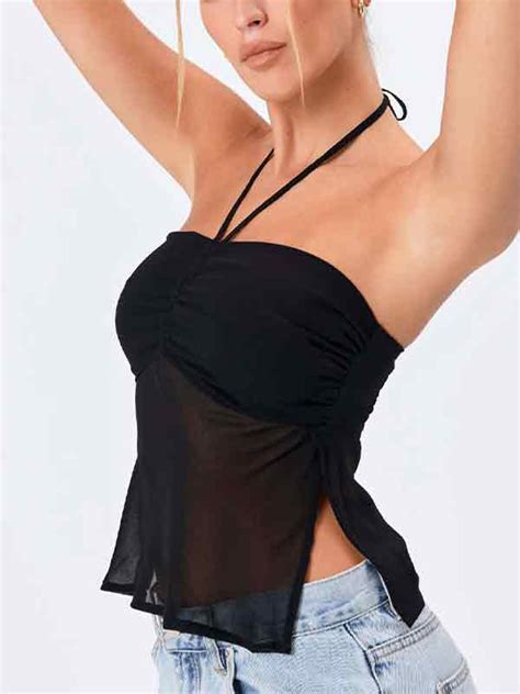 Emmiol Free Shipping Mesh Slit Pleated Design Halter Vest Black M