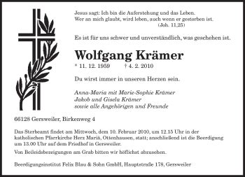 Traueranzeigen von Wolfgang Krämer Saarbruecker Zeitung Trauer de