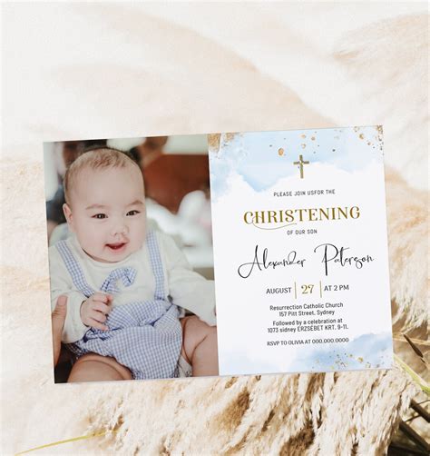 Christening Invitation Wish Photo Editable Christening Invitation Template Blue Gold