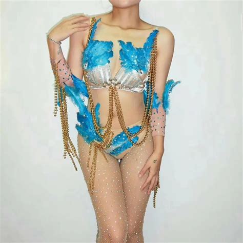 Sexy Blue Rhinestones Feather Bikini Bodysuit Gogo Dance Nightclub