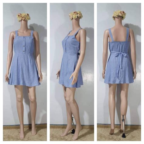 2 19 Sienna Sky Tie Back Denim Spaghetti Strap Dress With Vertical White Stripes And Buttoned