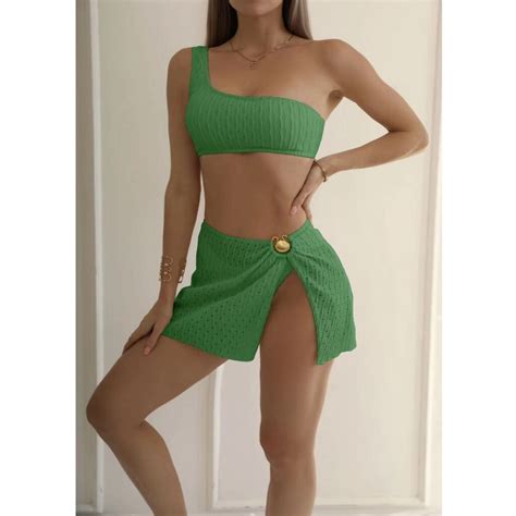 Green Textured One Shoulder 3 Piece Bikini Set With Skirt Swimwear India