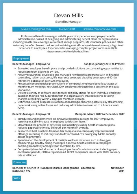 Benefits Manager Resume Cv Example And Writing Guide