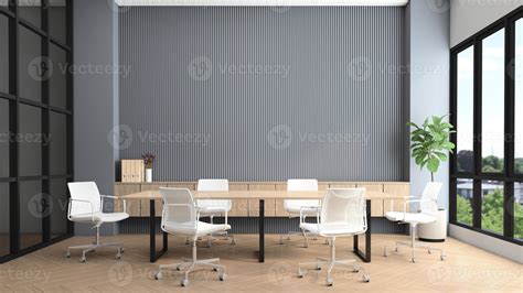 Modern Meeting Room With Conference Table And Chairs Gray Slat Wall