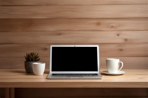 Premium AI Image | A minimalist wooden desk with laptop and coffee cup