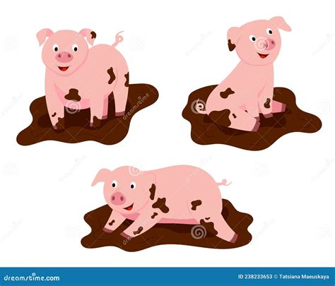 Cartoon Illustration A Set Of Cute Pigs In The Mud Vector Isolated On