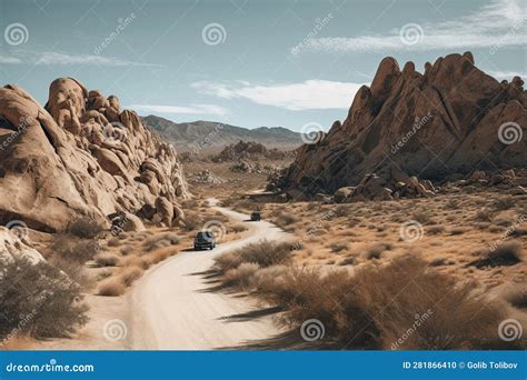 A Car Driving Down A Dirt Road In The Desert Stock Illustration