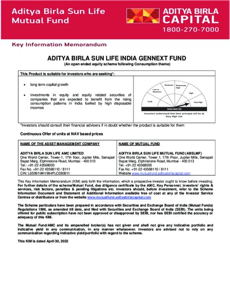 Fillable Online Aditya Birla Sun Life India Gennext Fund Regular Plan