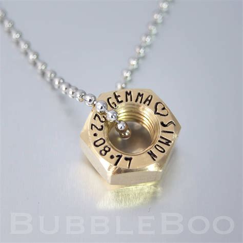 Brass Hex Nut Necklace Personalised T Ball Chain Hand Stamped