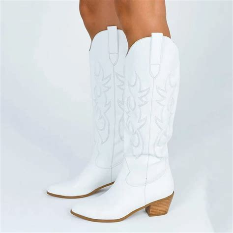 Celnepho Cowboy Boots For Women Embroidered Pull On Chunky Stacked Heel Cowgirl Knee High