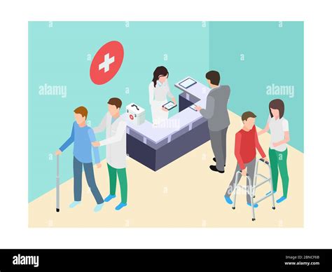 Isometric Hospital Registry Doctors Staff And Patients Vector