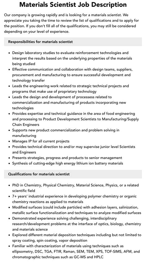 Materials Scientist Job Description | Velvet Jobs