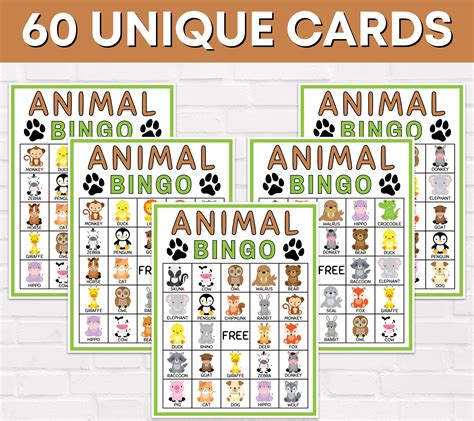 60 Animal Bingo Cards Printable Game Zoo Baby Animal Bingo Boards