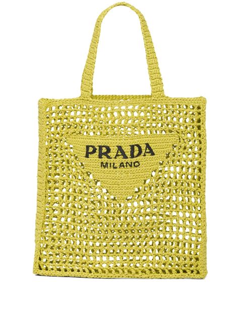 Prada Embroidered Logo Raffia Tote Bag In Yellow ModeSens