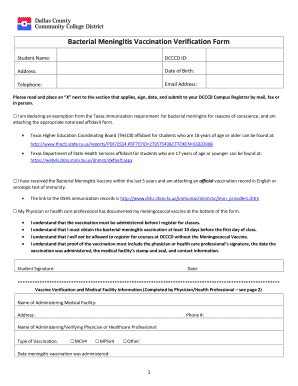 Fillable Online Bacterial Meningitis Vaccination Verification Form Fax