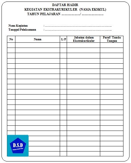 Format Daftar Hadir Kegiatan Ekskul Terbaru Dokumen Sekolah Dasar
