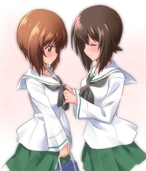 Safebooru 2girls Adjusting Bow Bag Bangs Blush Bow Breasts Brown Eyes Brown Hair Closed Eyes