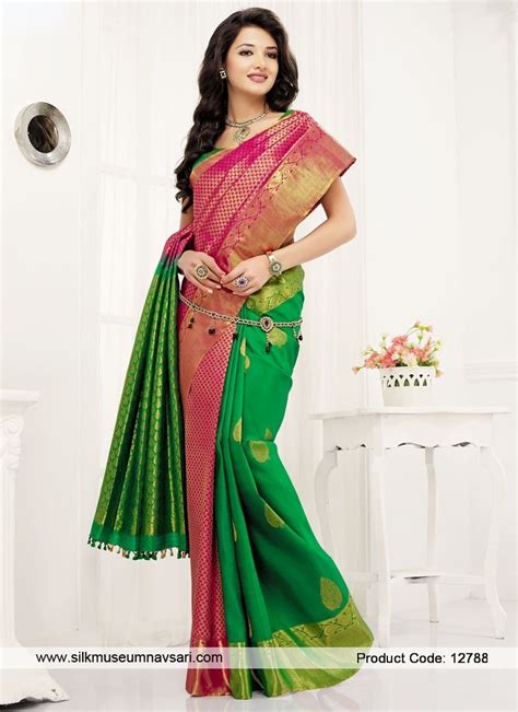 Attractive Dark Pink And Green Boarder Parties Designer Saree South Indian Bride Saree Indian