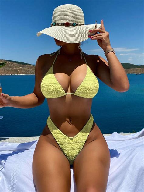 Conjunto De Bikini Texturizado Sujetador De Tri Ngulo Halter Y Parte Inferior De Tanga Con Lazo