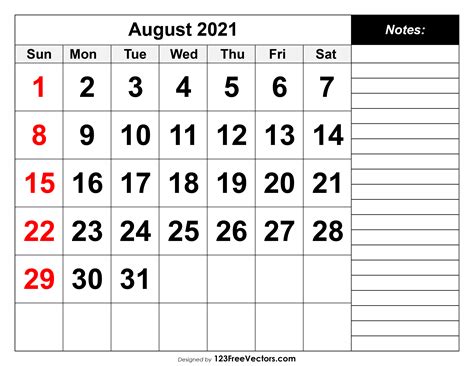 Free August 2021 Printable Calendar