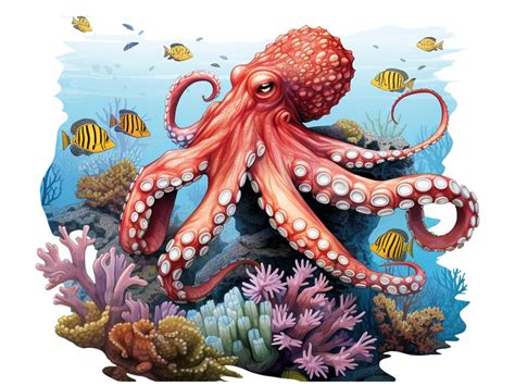 Octopus in Coral Reef Png for Sublimation, Octopus Clip Art, T Shirt ...