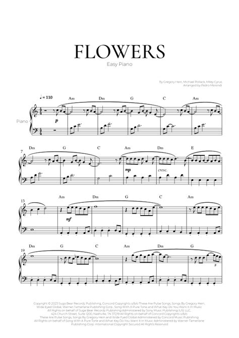 Flowers Arr Pedro Merendi By Miley Cyrus Sheet Music For Easy Piano