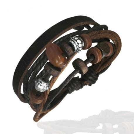 Bracelet Cuir Homme Ajustable Marron Avec Perle Karma Et Cordes Zb