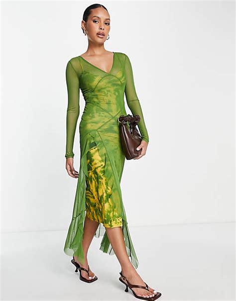 Topshop Layered Printed Mesh Maxi Dress In Green Asos