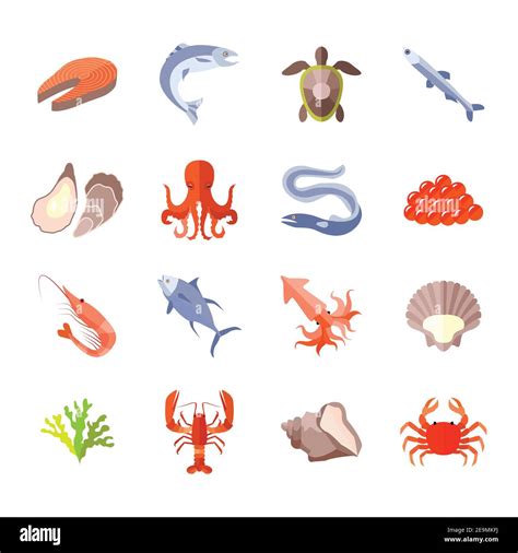 Sea Food Icon Flat Set With Lobster Salmon Shrimp Isolated Vector