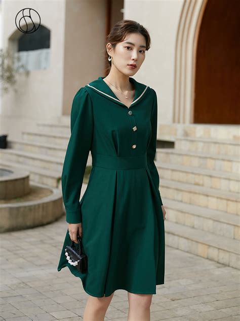 Dushu Slightly Fat Lady Sailor Collar Full Puff Sleeve Dress Empire Waist Mid Length Dress