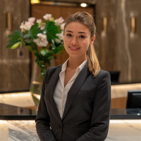 Receptionist At Modern Hotel Front Desk Portrait Premium Ai Generated