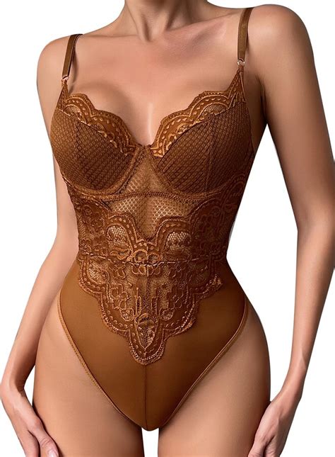 Popiv Women Lace Bodysuit Sexy Mesh Teddy Lingerie Cami Bustier Tops