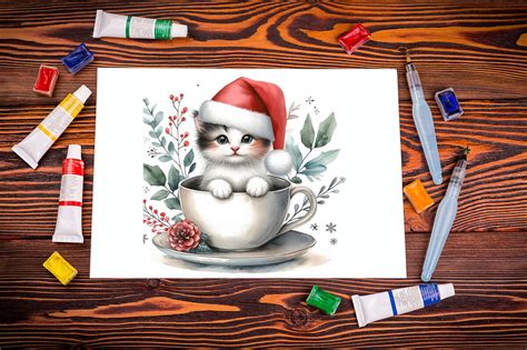 Watercolor Christmas Cute Cat Graphic by Radha Rani · Creative Fabrica