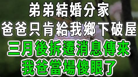 弟弟結婚分家，爸爸只肯給我鄉下破屋，三月後拆遷消息傳來，我爸當場傻眼了中老年心語 深夜讀書 幸福人生 花開富貴深夜淺讀【荷上清風