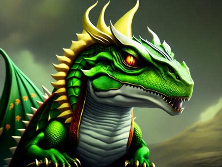 A Green And Yellow Dragon Sitting On Top Of A Rock Image Design ID