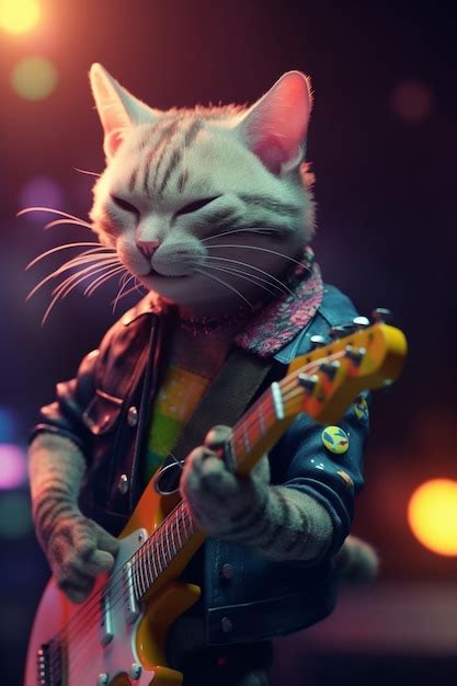 Un Gato Tocando Una Guitarra Con La Palabra Gato Escrita Foto Premium