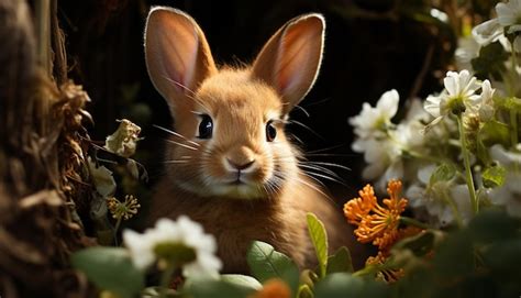 Premium AI Image Cute Baby Rabbit Sitting In Green Grass Fluffy And