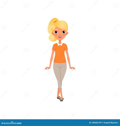 Fille Blonde De Bande Dessinée Avec La Queue De Cheval Dans Le T shirt Orange Et Des Culasses