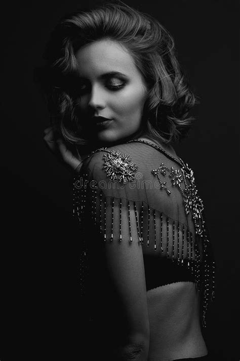 Black And White Portrait Of Magnificent Girl With Naked Shoulders Stock Photo Image Of Care