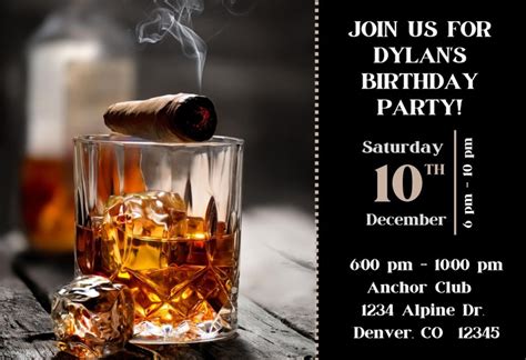 Adult Birthday Party Invitation Guys Night Out Whiskey Cognac Cigar Scotch 50th 40th